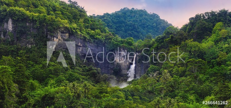 Picture of Wonderful Landscape of Cascade Waterfall in Tropical Rainforest Scenery of Rocky Cliff and Cimarinjung Waterfall at UNESCO Global Geopark Ciletuh